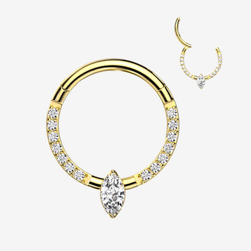Implant Grade Titanium Golden Marquise Sparkle Gem Lined Clicker Hoop Ring-Clear Gem